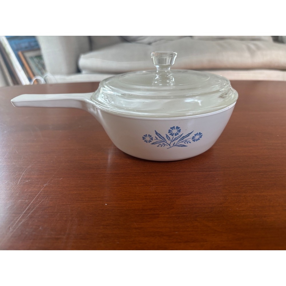 Corning Ware Saucepan P-81-B 1 Pt White Blue Cornflower Floral with chipped Lid